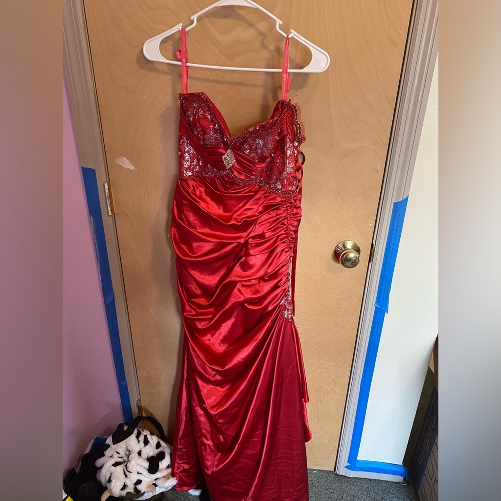 Red strapless mermaid corset prom dress